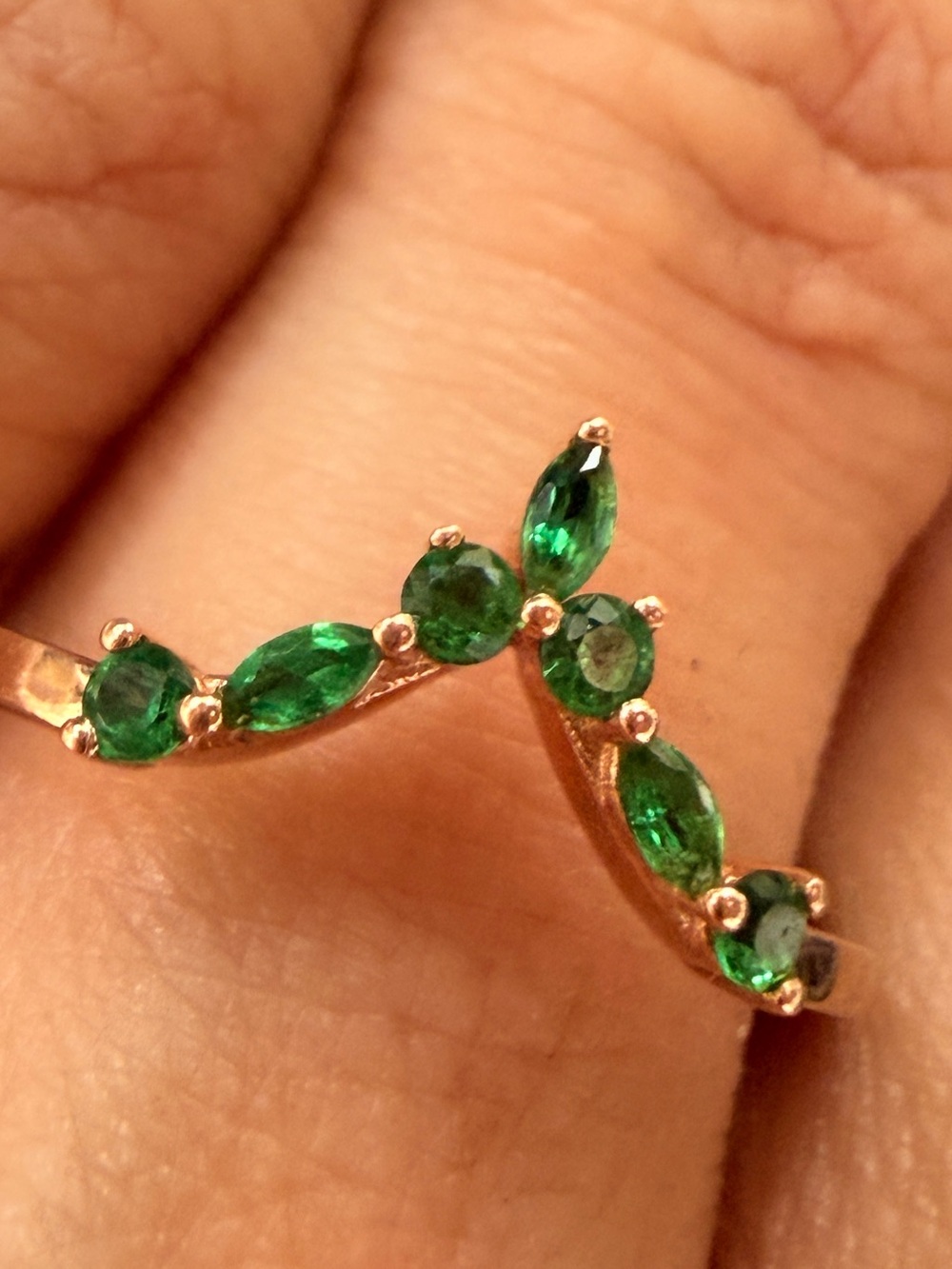 Chevron 14K Rose Gold Emerald Women's Ring Sz 7.5